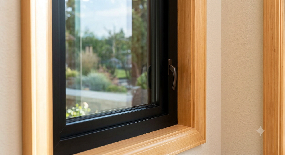 A close-up photograph of a single contemporary casement window set within a textured beige interior wall and light wood trim. The entire window frame, made of powder-coated aluminum, is a matte black color. The clear glass pane reflects hints of a blurred garden and sky outside. A small, dark bronze lever handle is visible on the right vertical frame for opening. Natural light illuminates the corner