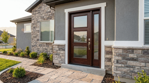 A newly installed dark mahogany entry door with energy-efficient glass panels and modern hardware on a Utah home. It sits flush in a crisp white frame, enhancing the stone and stucco exterior and providing a secure, upscale entryway