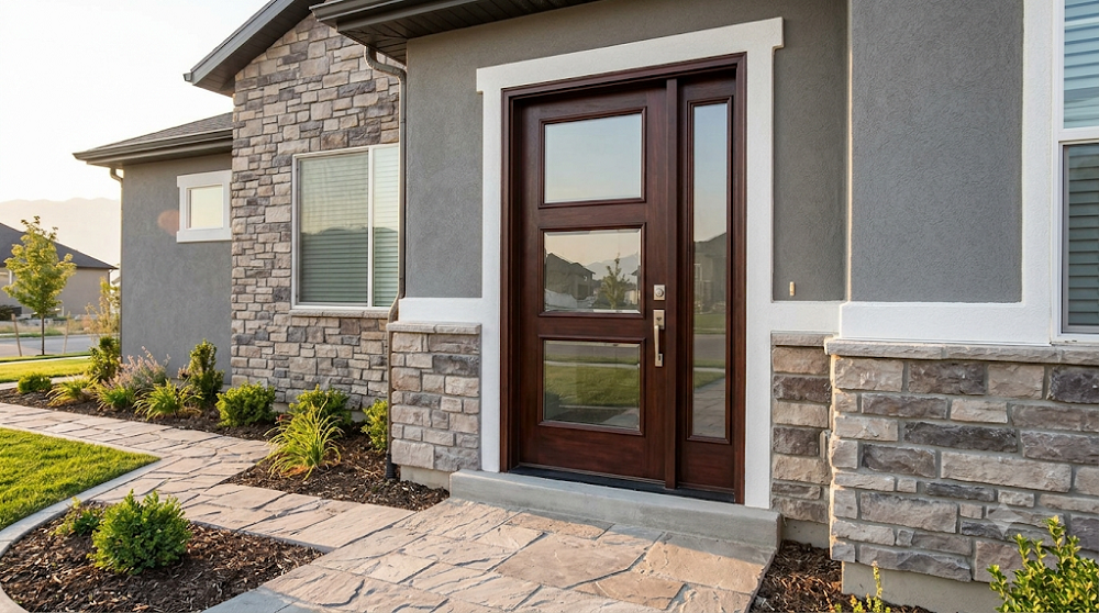 A newly installed dark mahogany entry door with energy-efficient glass panels and modern hardware on a Utah home. It sits flush in a crisp white frame, enhancing the stone and stucco exterior and providing a secure, upscale entryway