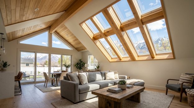 A light-filled living area features a bank of wood-framed skylights integrated into a vaulted ceiling with light wood planking. Large, clear panes of glass reveal a sunny sky and distant snow-capped mountains, showing how skylights provide natural light for energy efficiency in this comfortable interior.